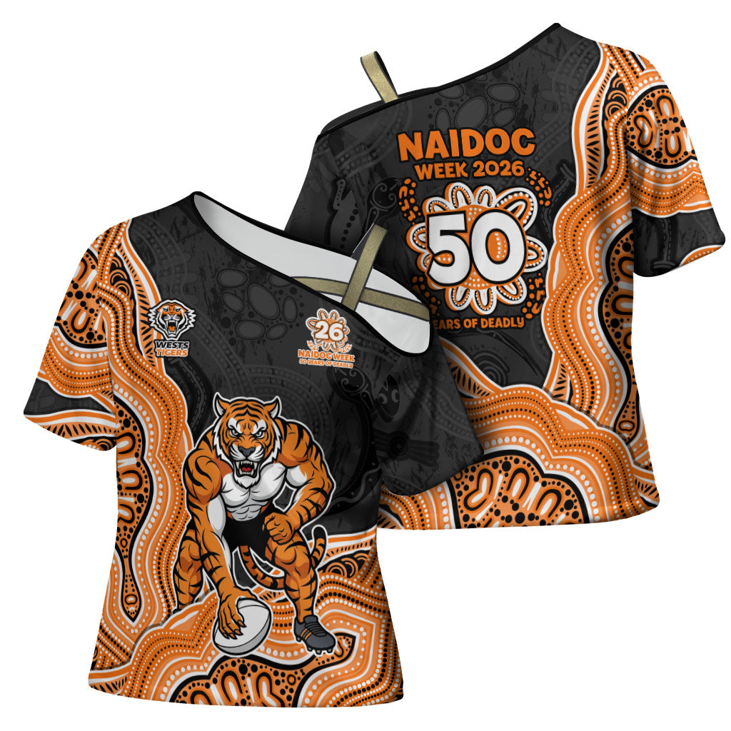 Wests Tigers NAIDOC Week 2026 Cross Shoulder Shirt First Nations of Australia Aboriginal Mascot Rugby