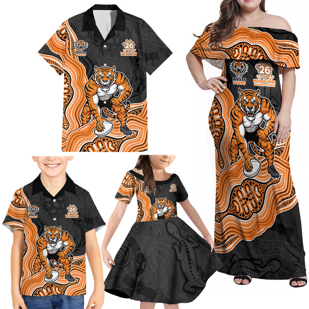 Wests Tigers NAIDOC Week 2026 Family Matching Off Shoulder Maxi Dress and Hawaiian Shirt First Nations of Australia Aboriginal Mascot Rugby