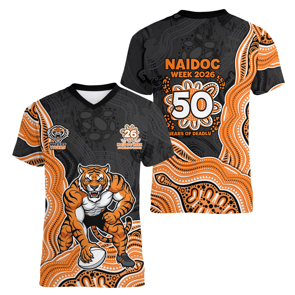 Wests Tigers NAIDOC Week 2026 Women V-Neck T-Shirt First Nations of Australia Aboriginal Mascot Rugby