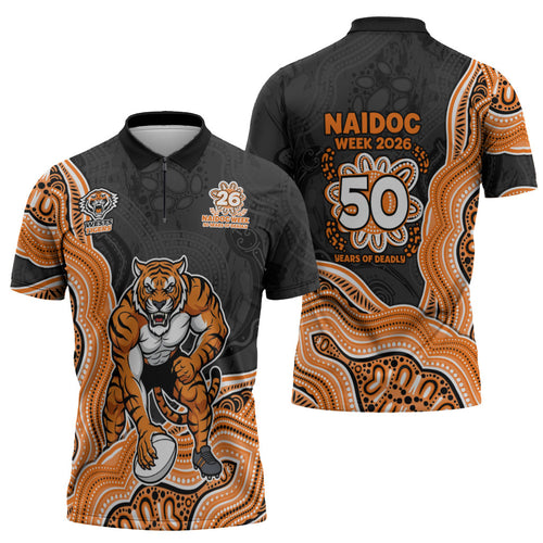 Wests Tigers NAIDOC Week 2026 Zipper Polo Shirt First Nations of Australia Aboriginal Mascot Rugby