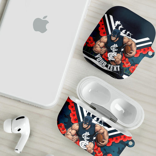 Personalised Carlton Blues ANZAC AirPods Case Military Remembrance Australian Football Mascot Camouflage