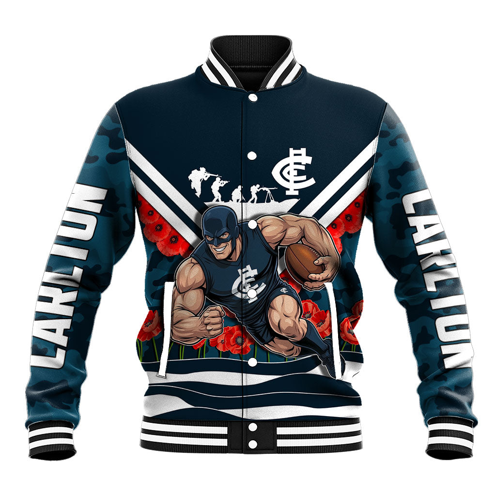Personalised Carlton Blues ANZAC Baseball Jacket Military Remembrance Australian Football Mascot Camouflage