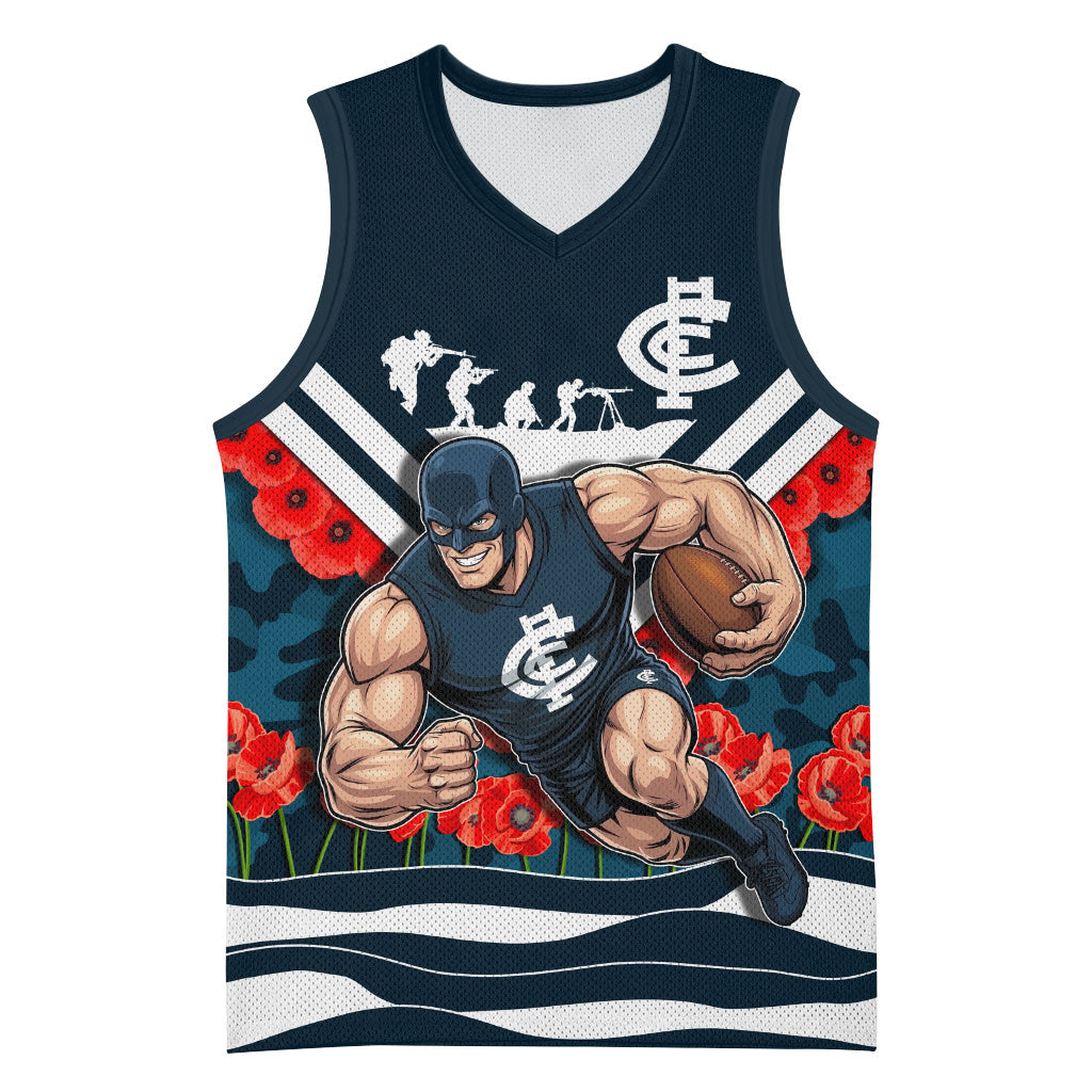 Personalised Carlton Blues ANZAC Basketball Jersey Military Remembrance Australian Football Mascot Camouflage