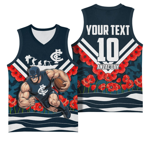 Personalised Carlton Blues ANZAC Basketball Jersey Military Remembrance Australian Football Mascot Camouflage