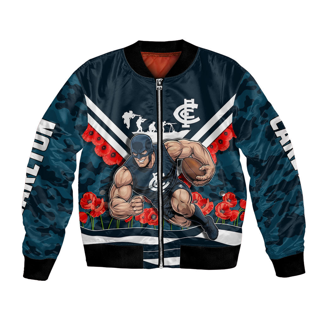 Personalised Carlton Blues ANZAC Bomber Jacket Military Remembrance Australian Football Mascot Camouflage