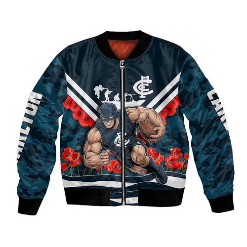 Personalised Carlton Blues ANZAC Bomber Jacket Military Remembrance Australian Football Mascot Camouflage