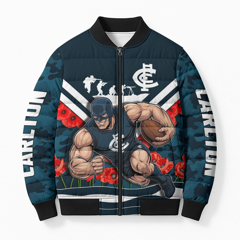 Personalised Carlton Blues ANZAC Bomber Puffer Jacket Military Remembrance Australian Football Mascot Camouflage