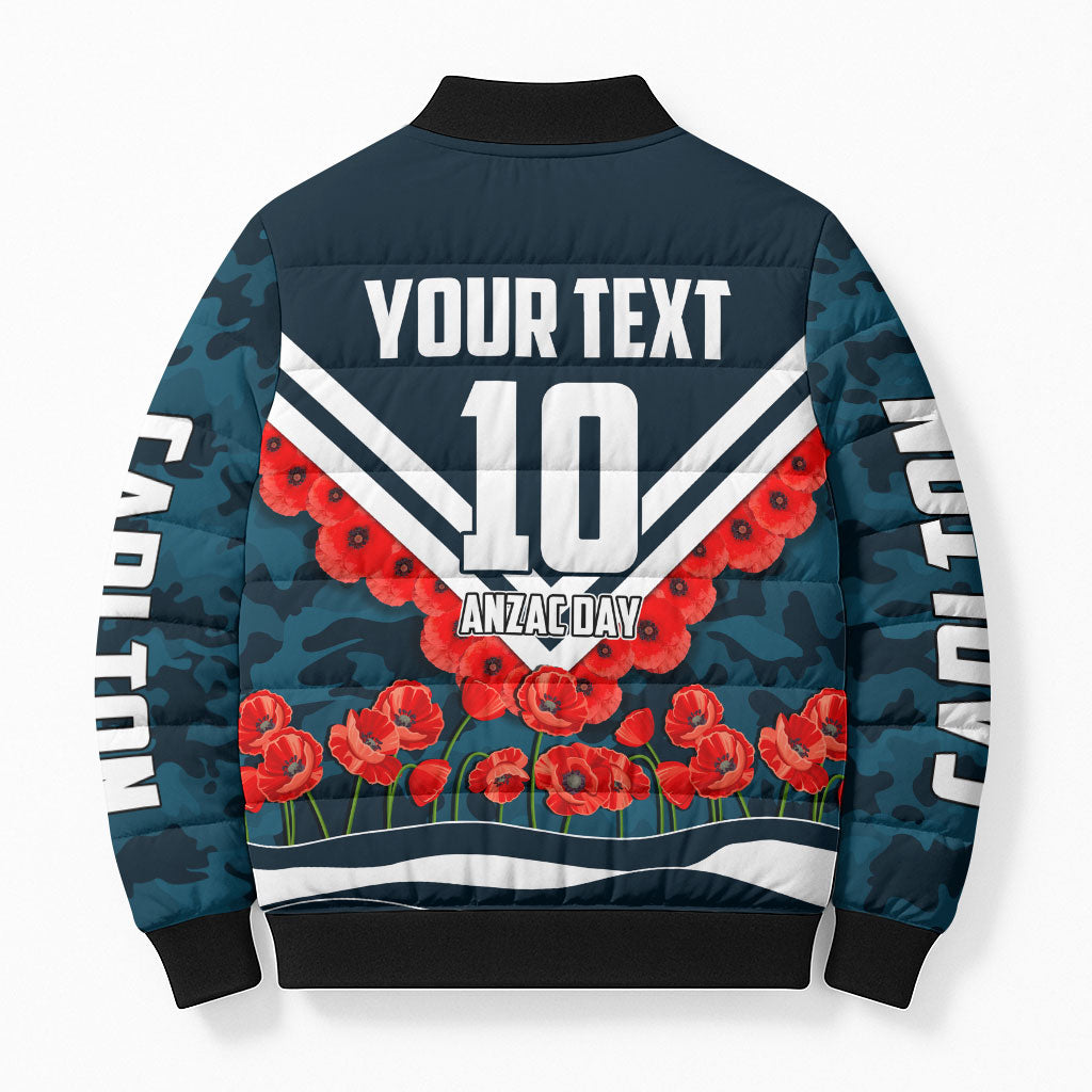 Personalised Carlton Blues ANZAC Bomber Puffer Jacket Military Remembrance Australian Football Mascot Camouflage