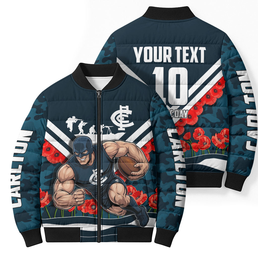 Personalised Carlton Blues ANZAC Bomber Puffer Jacket Military Remembrance Australian Football Mascot Camouflage
