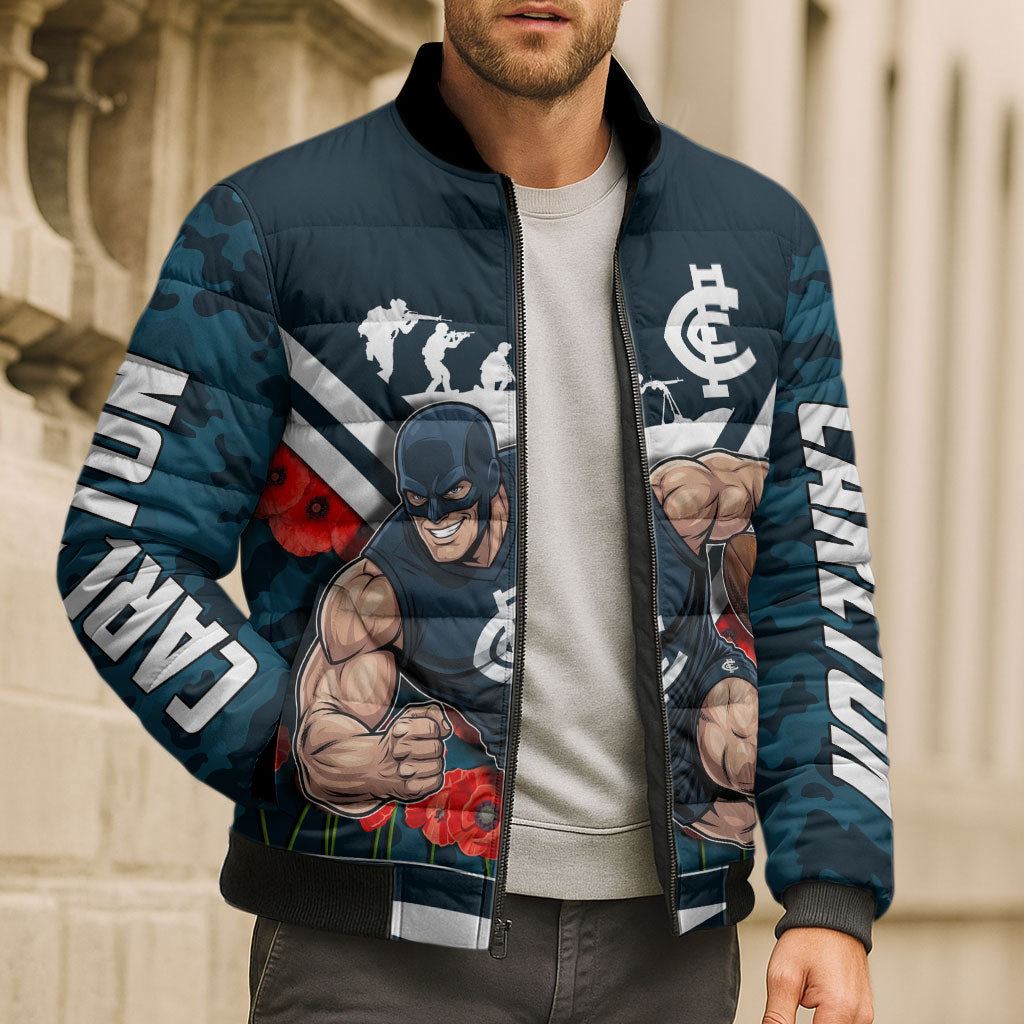 Personalised Carlton Blues ANZAC Bomber Puffer Jacket Military Remembrance Australian Football Mascot Camouflage