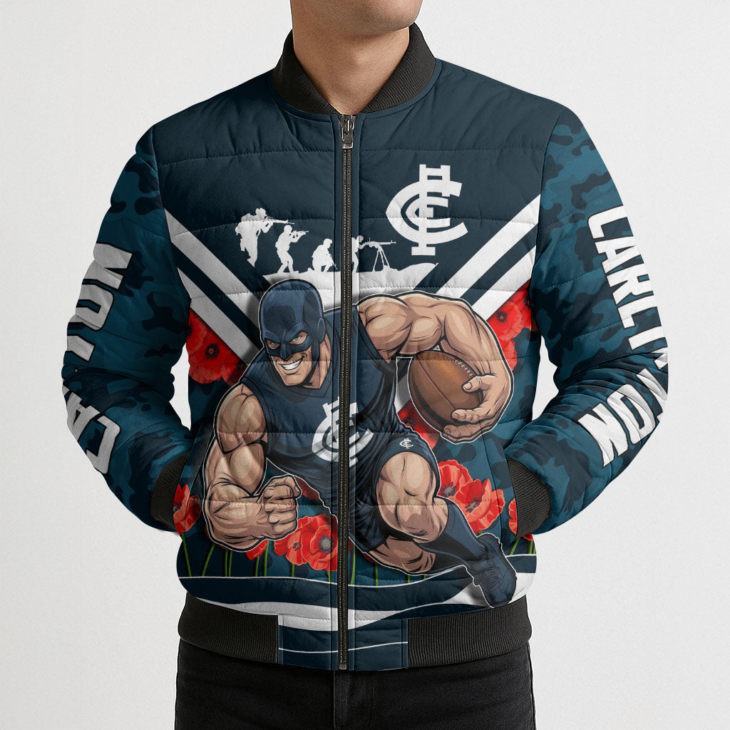 Personalised Carlton Blues ANZAC Bomber Puffer Jacket Military Remembrance Australian Football Mascot Camouflage
