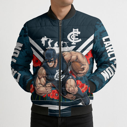 Personalised Carlton Blues ANZAC Bomber Puffer Jacket Military Remembrance Australian Football Mascot Camouflage