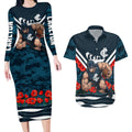 Personalised Carlton Blues ANZAC Couples Matching Long Sleeve Bodycon Dress and Hawaiian Shirt Military Remembrance Australian Football Mascot Camouflage