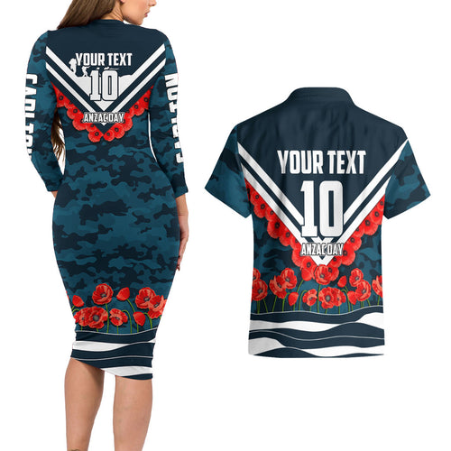 Personalised Carlton Blues ANZAC Couples Matching Long Sleeve Bodycon Dress and Hawaiian Shirt Military Remembrance Australian Football Mascot Camouflage
