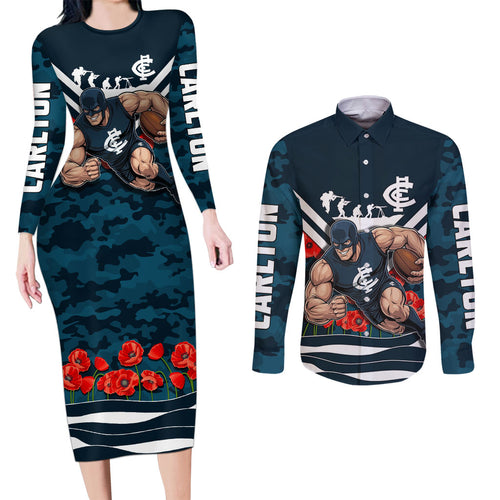 Personalised Carlton Blues ANZAC Couples Matching Long Sleeve Bodycon Dress and Long Sleeve Button Shirt Military Remembrance Australian Football Mascot Camouflage