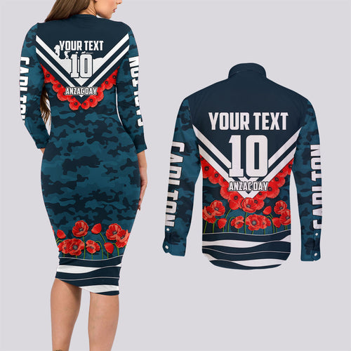 Personalised Carlton Blues ANZAC Couples Matching Long Sleeve Bodycon Dress and Long Sleeve Button Shirt Military Remembrance Australian Football Mascot Camouflage