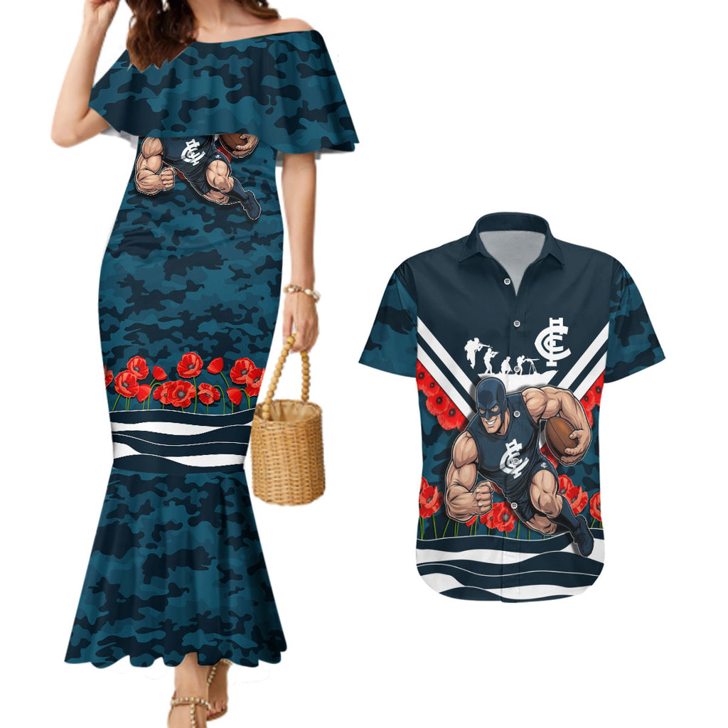 Personalised Carlton Blues ANZAC Couples Matching Mermaid Dress and Hawaiian Shirt Military Remembrance Australian Football Mascot Camouflage