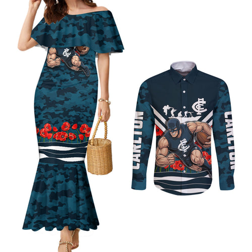 Personalised Carlton Blues ANZAC Couples Matching Mermaid Dress and Long Sleeve Button Shirt Military Remembrance Australian Football Mascot Camouflage