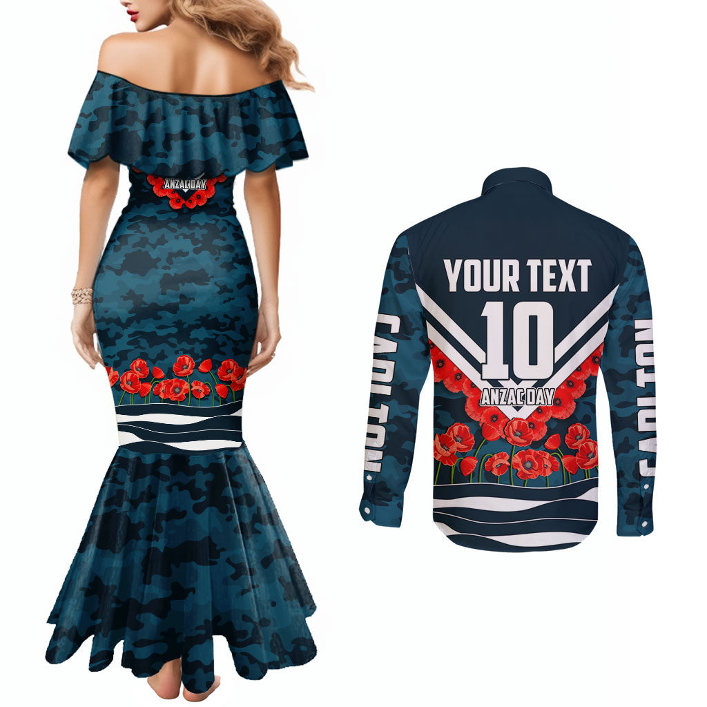Personalised Carlton Blues ANZAC Couples Matching Mermaid Dress and Long Sleeve Button Shirt Military Remembrance Australian Football Mascot Camouflage