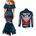 Personalised Carlton Blues ANZAC Couples Matching Mermaid Dress and Long Sleeve Button Shirt Military Remembrance Australian Football Mascot Camouflage