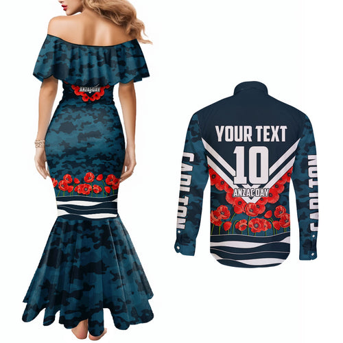 Personalised Carlton Blues ANZAC Couples Matching Mermaid Dress and Long Sleeve Button Shirt Military Remembrance Australian Football Mascot Camouflage