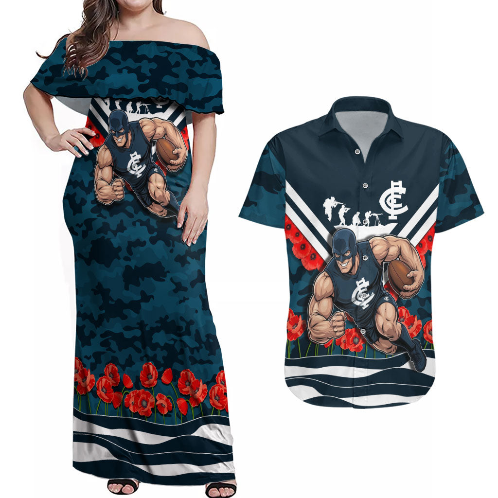 Personalised Carlton Blues ANZAC Couples Matching Off Shoulder Maxi Dress and Hawaiian Shirt Military Remembrance Australian Football Mascot Camouflage