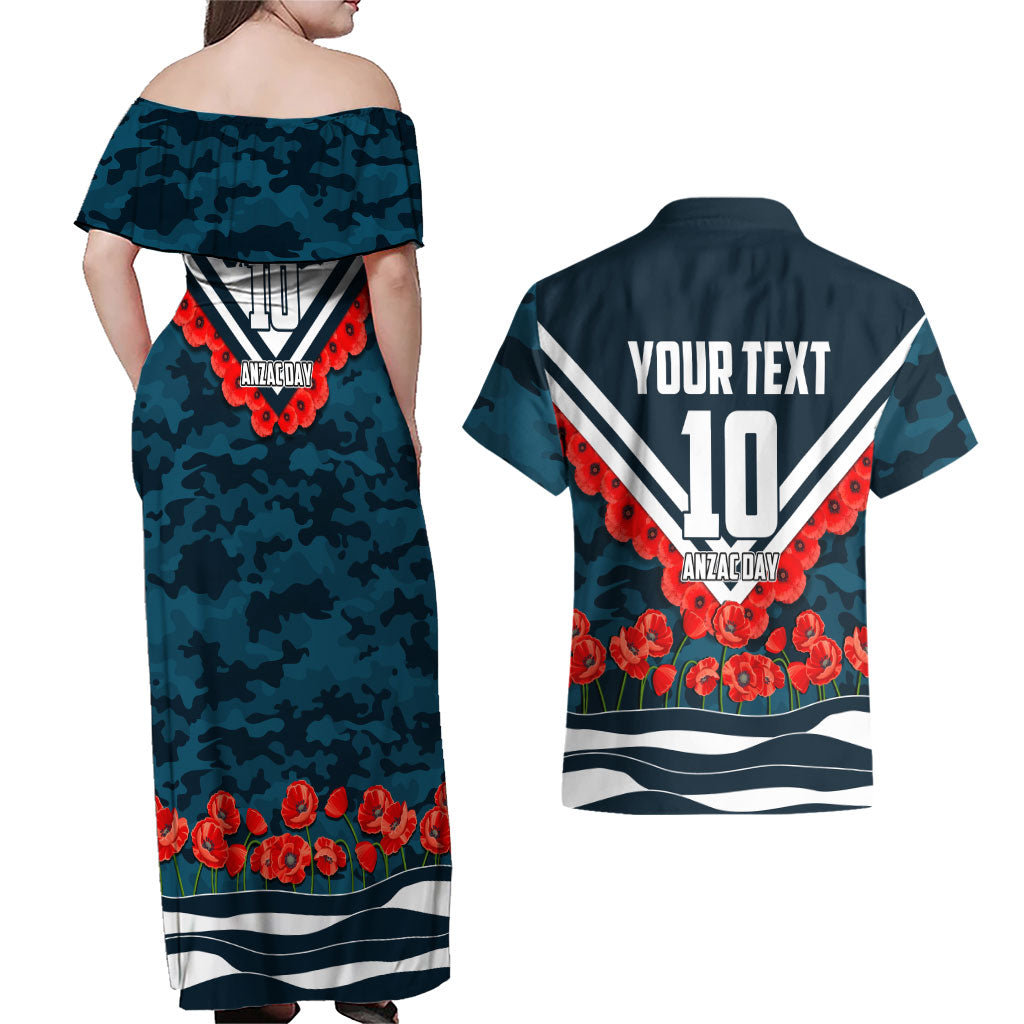 Personalised Carlton Blues ANZAC Couples Matching Off Shoulder Maxi Dress and Hawaiian Shirt Military Remembrance Australian Football Mascot Camouflage