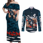 Personalised Carlton Blues ANZAC Couples Matching Off Shoulder Maxi Dress and Long Sleeve Button Shirt Military Remembrance Australian Football Mascot Camouflage