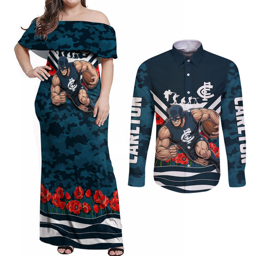 Personalised Carlton Blues ANZAC Couples Matching Off Shoulder Maxi Dress and Long Sleeve Button Shirt Military Remembrance Australian Football Mascot Camouflage