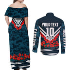Personalised Carlton Blues ANZAC Couples Matching Off Shoulder Maxi Dress and Long Sleeve Button Shirt Military Remembrance Australian Football Mascot Camouflage