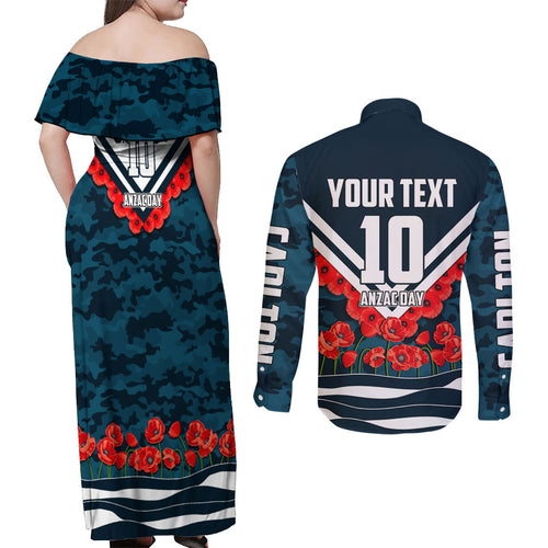 Personalised Carlton Blues ANZAC Couples Matching Off Shoulder Maxi Dress and Long Sleeve Button Shirt Military Remembrance Australian Football Mascot Camouflage