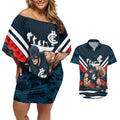 Personalised Carlton Blues ANZAC Couples Matching Off Shoulder Short Dress and Hawaiian Shirt Military Remembrance Australian Football Mascot Camouflage