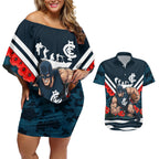 Personalised Carlton Blues ANZAC Couples Matching Off Shoulder Short Dress and Hawaiian Shirt Military Remembrance Australian Football Mascot Camouflage