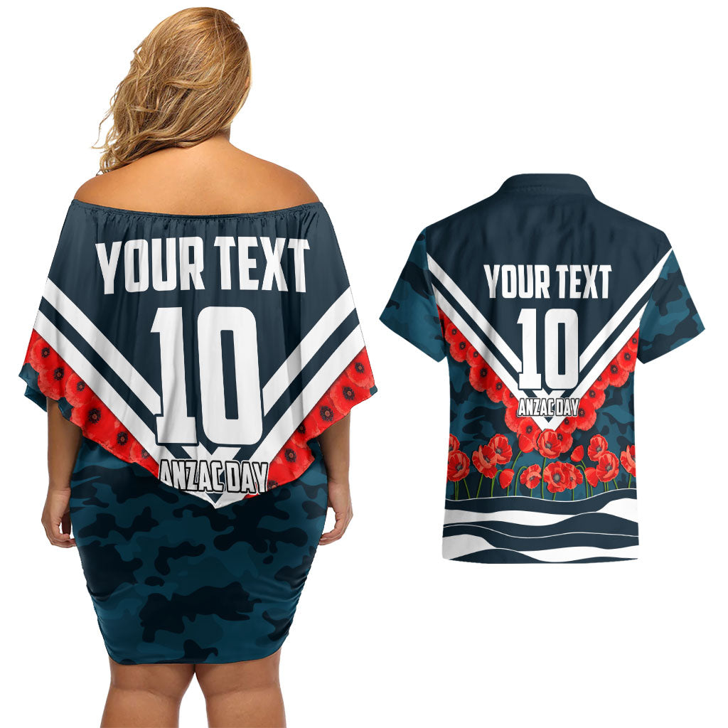 Personalised Carlton Blues ANZAC Couples Matching Off Shoulder Short Dress and Hawaiian Shirt Military Remembrance Australian Football Mascot Camouflage