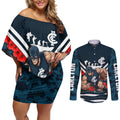 Personalised Carlton Blues ANZAC Couples Matching Off Shoulder Short Dress and Long Sleeve Button Shirt Military Remembrance Australian Football Mascot Camouflage