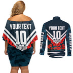 Personalised Carlton Blues ANZAC Couples Matching Off Shoulder Short Dress and Long Sleeve Button Shirt Military Remembrance Australian Football Mascot Camouflage