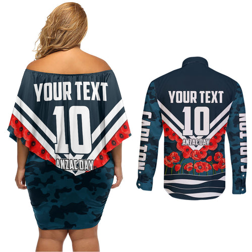 Personalised Carlton Blues ANZAC Couples Matching Off Shoulder Short Dress and Long Sleeve Button Shirt Military Remembrance Australian Football Mascot Camouflage