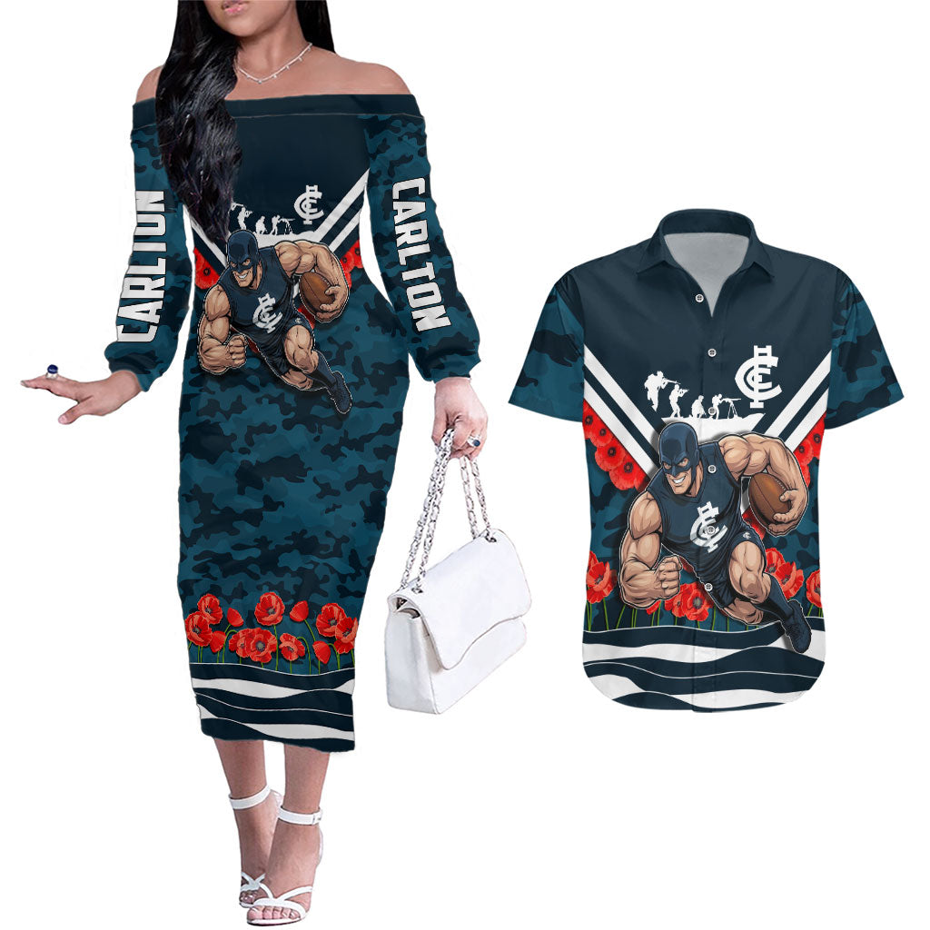 Personalised Carlton Blues ANZAC Couples Matching Off The Shoulder Long Sleeve Dress and Hawaiian Shirt Military Remembrance Australian Football Mascot Camouflage