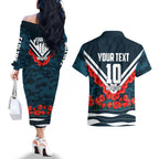 Personalised Carlton Blues ANZAC Couples Matching Off The Shoulder Long Sleeve Dress and Hawaiian Shirt Military Remembrance Australian Football Mascot Camouflage