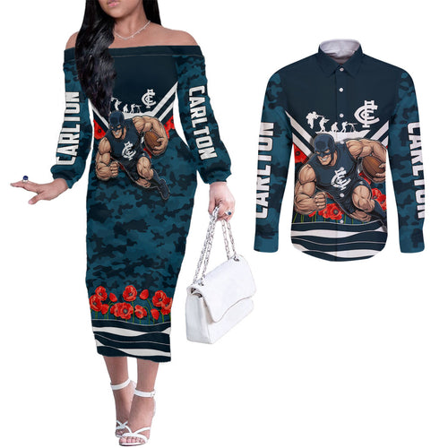 Personalised Carlton Blues ANZAC Couples Matching Off The Shoulder Long Sleeve Dress and Long Sleeve Button Shirt Military Remembrance Australian Football Mascot Camouflage