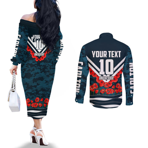 Personalised Carlton Blues ANZAC Couples Matching Off The Shoulder Long Sleeve Dress and Long Sleeve Button Shirt Military Remembrance Australian Football Mascot Camouflage