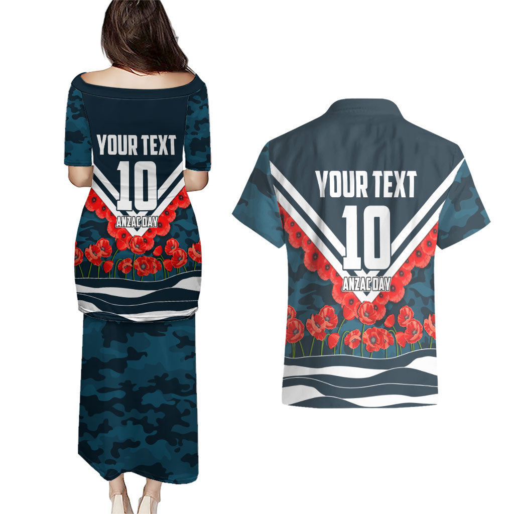 Personalised Carlton Blues ANZAC Couples Matching Puletasi and Hawaiian Shirt Military Remembrance Australian Football Mascot Camouflage