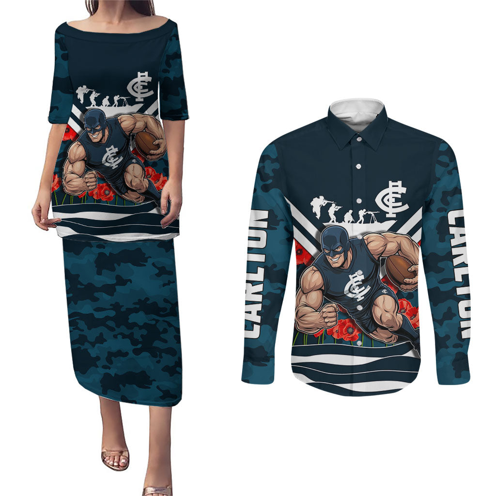 Personalised Carlton Blues ANZAC Couples Matching Puletasi and Long Sleeve Button Shirt Military Remembrance Australian Football Mascot Camouflage