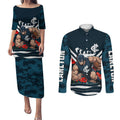 Personalised Carlton Blues ANZAC Couples Matching Puletasi and Long Sleeve Button Shirt Military Remembrance Australian Football Mascot Camouflage