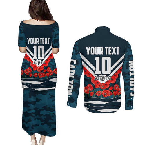 Personalised Carlton Blues ANZAC Couples Matching Puletasi and Long Sleeve Button Shirt Military Remembrance Australian Football Mascot Camouflage