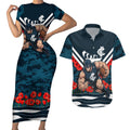 Personalised Carlton Blues ANZAC Couples Matching Short Sleeve Bodycon Dress and Hawaiian Shirt Military Remembrance Australian Football Mascot Camouflage
