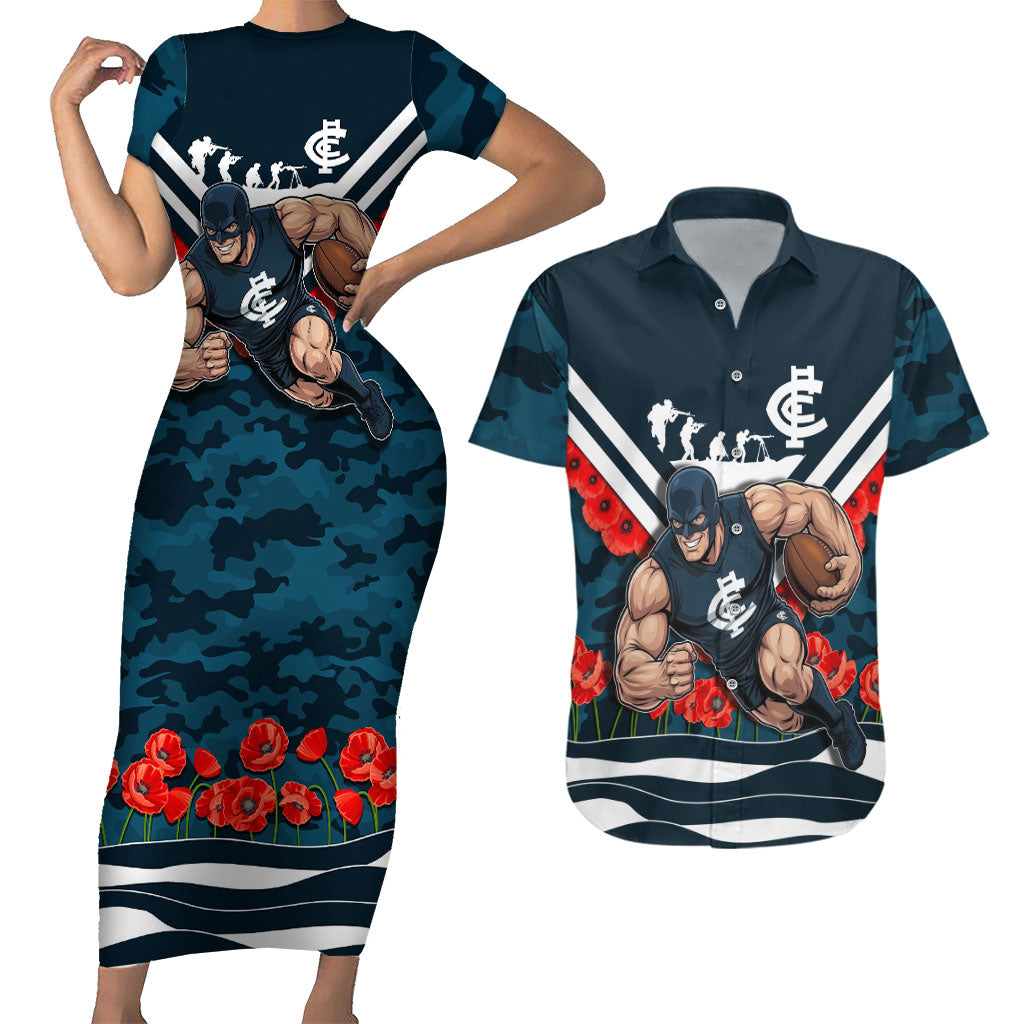 Personalised Carlton Blues ANZAC Couples Matching Short Sleeve Bodycon Dress and Hawaiian Shirt Military Remembrance Australian Football Mascot Camouflage