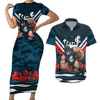 Personalised Carlton Blues ANZAC Couples Matching Short Sleeve Bodycon Dress and Hawaiian Shirt Military Remembrance Australian Football Mascot Camouflage