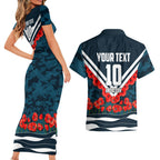 Personalised Carlton Blues ANZAC Couples Matching Short Sleeve Bodycon Dress and Hawaiian Shirt Military Remembrance Australian Football Mascot Camouflage