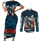 Personalised Carlton Blues ANZAC Couples Matching Short Sleeve Bodycon Dress and Long Sleeve Button Shirt Military Remembrance Australian Football Mascot Camouflage